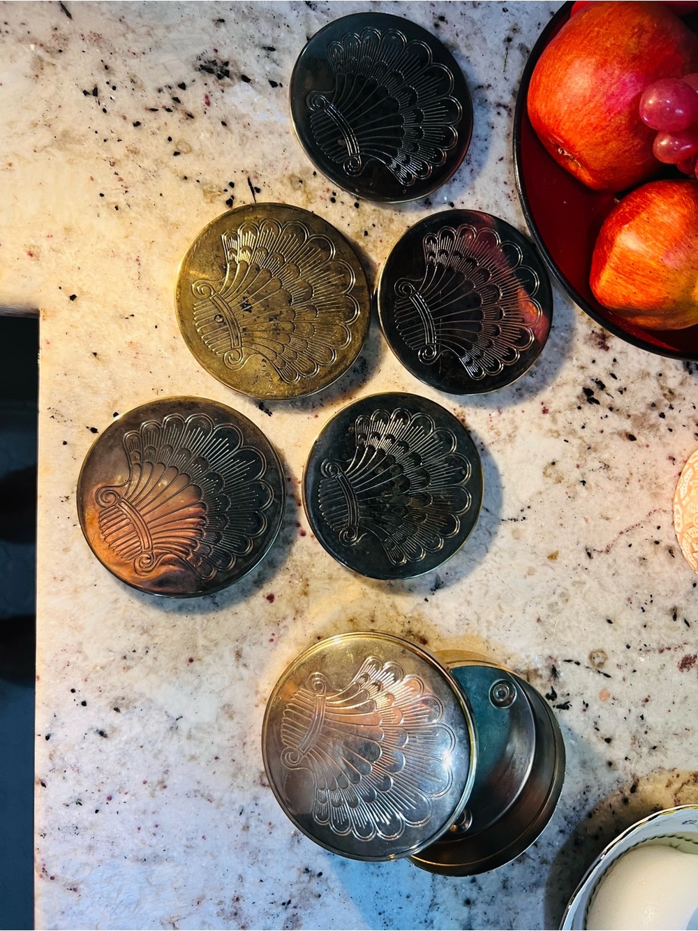Vintage Silver Decorative Coasters (5) w case, Good Condition